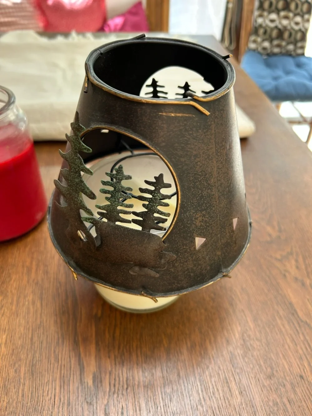 Rustic Metal Pine Trees candle shade - Brown. Cutout, 3 dimensional, like moon.